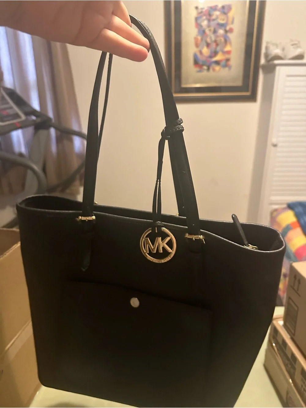 Michael Kors Black Saffiano Tote with Gold MK Charm